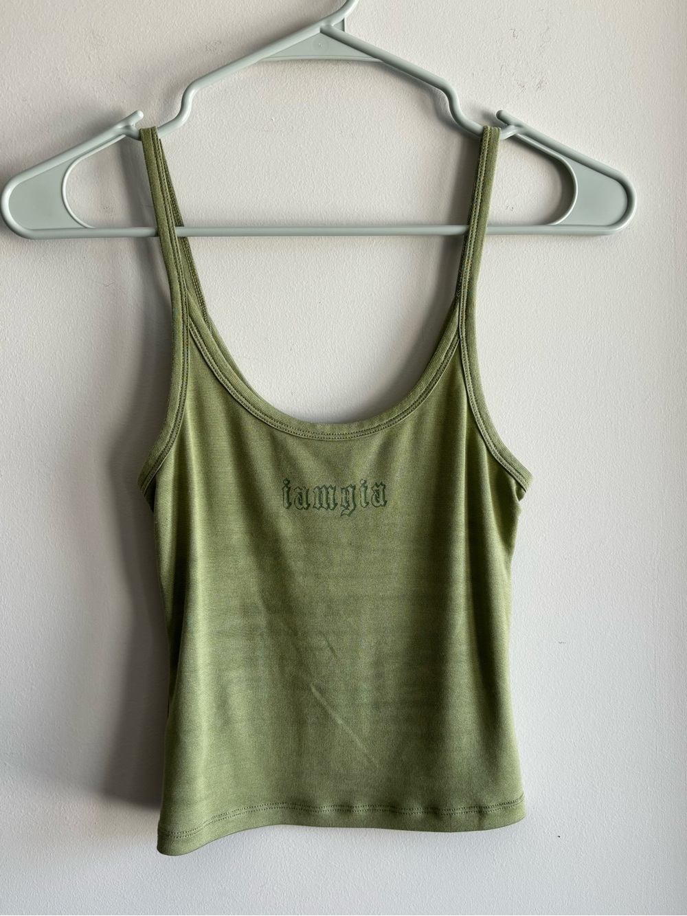 Olive Scoop Neck Ribbed Camisole with Subtle Chest Script